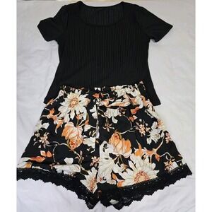 Women's 0XL Shein Curve Black Floral Shorts Set